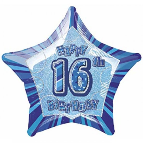Foil Balloon Blue Star 16th Birthday 50cm