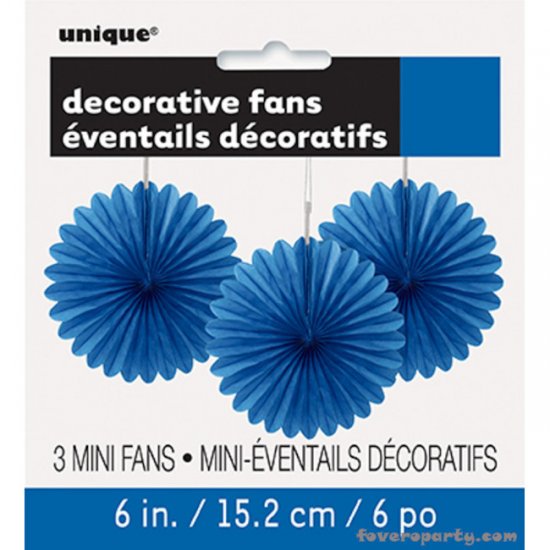 3 Decorative Fan Royal Blue 15 cm