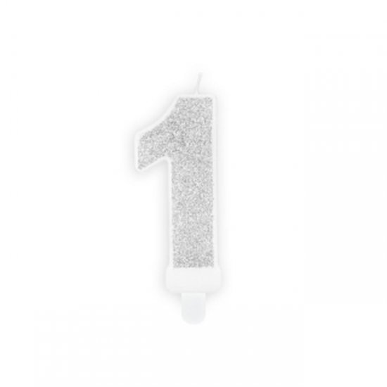 Numeral Candle 1 silver glittery
