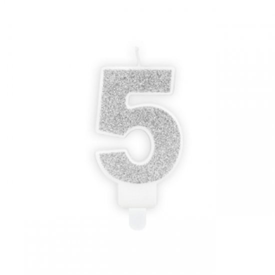 Numeral Candle 5 Silver Glittery
